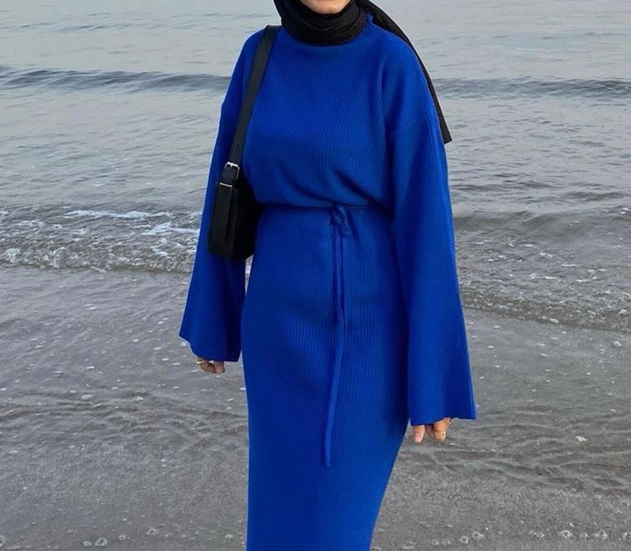 Kadın Mavi Örgü Elbise - Görsel 4