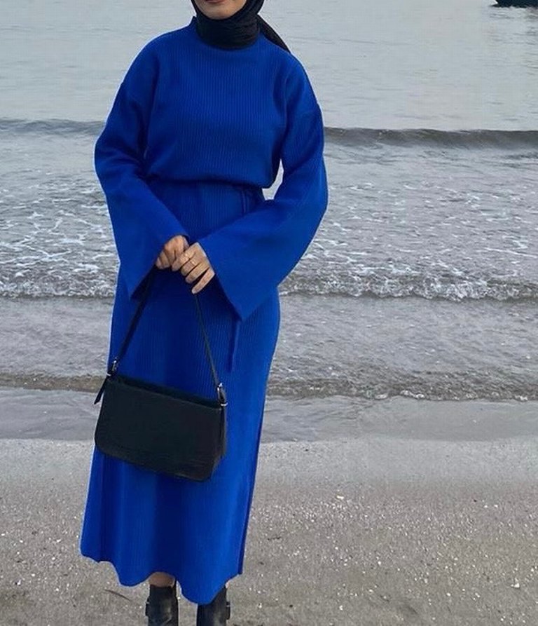 Kadın Mavi Örgü Elbise - Görsel 2