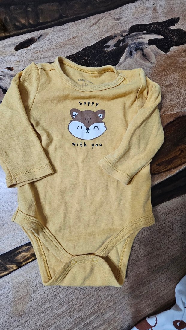 Uzun Kollu Sarı ve Beyaz Bebek Body - Görsel 4