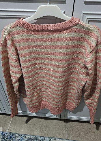 Pembe Gri Çizgili Örgü Kadın Kazak - Görsel 3