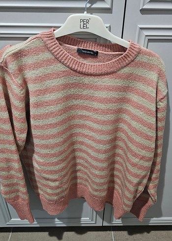 Pembe Gri Çizgili Örgü Kadın Kazak - Görsel 2