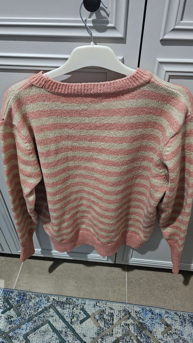 Pembe Gri Çizgili Örgü Kadın Kazak - Görsel 3