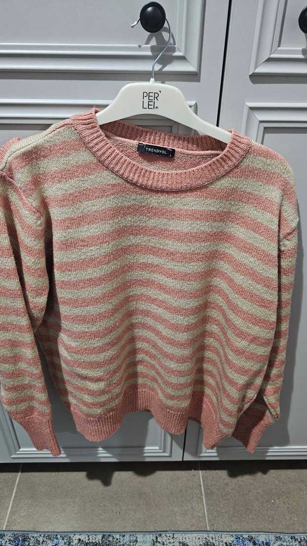 Pembe Gri Çizgili Örgü Kadın Kazak - Görsel 2
