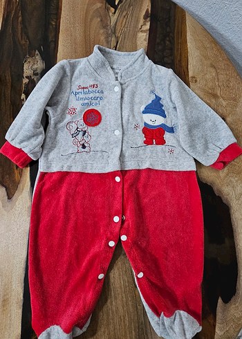 6-9 ay Uzun Kollu Gri Kırmızı Bebek Tulum - Görsel 2