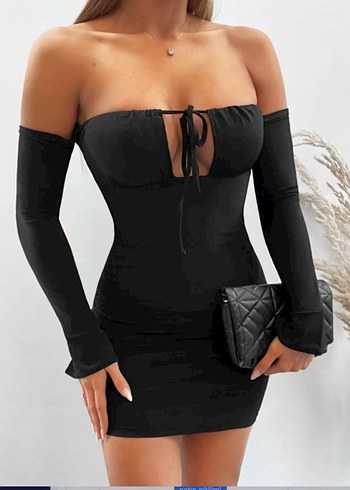 Siyah Mini Drapeli V Yaka Elbise - Görsel 2