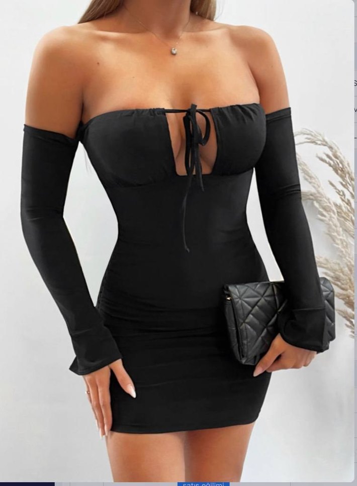 Siyah Mini Drapeli V Yaka Elbise - Görsel 2