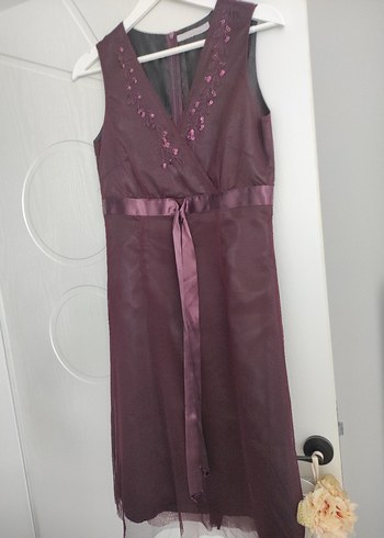 Bordo Nakışlı Bohem kısa Abiye Elbise