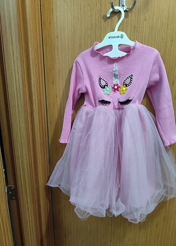 Kız Çocuk Pembe Triko Unicorn Elbise