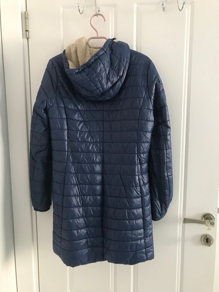 Gri Kürklü Mavi Kadın Midi Mont - Görsel 3