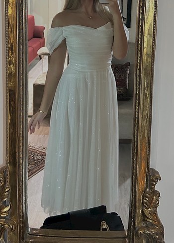 Drapeli Beyaz Uzun Straplez Abiye Elbise - Görsel 2