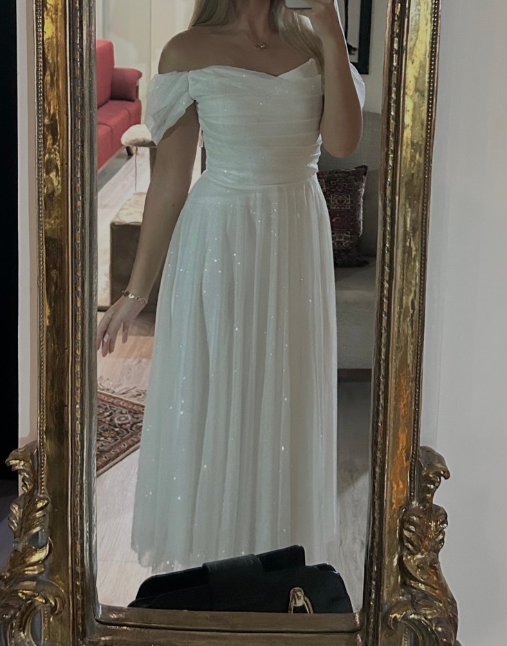 Drapeli Beyaz Uzun Straplez Abiye Elbise - Görsel 2