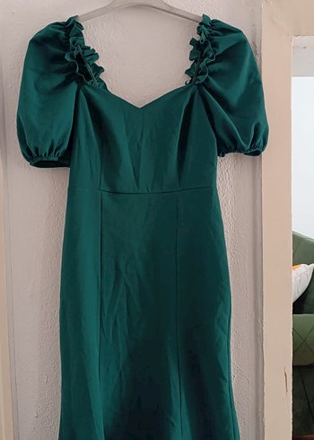 Yeşil V Yaka Drapeli Uzun Elbise - Görsel 4