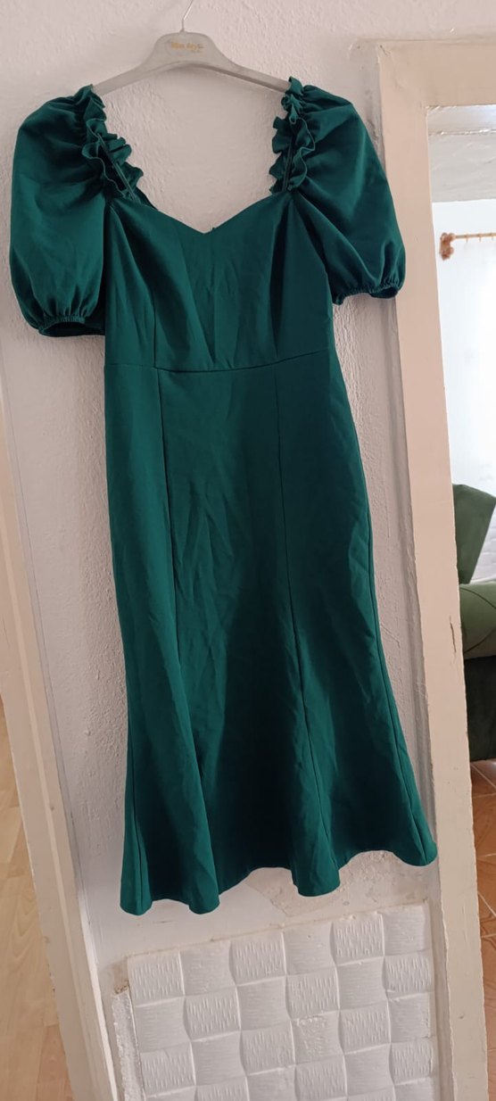 Yeşil V Yaka Drapeli Uzun Elbise - Görsel 2