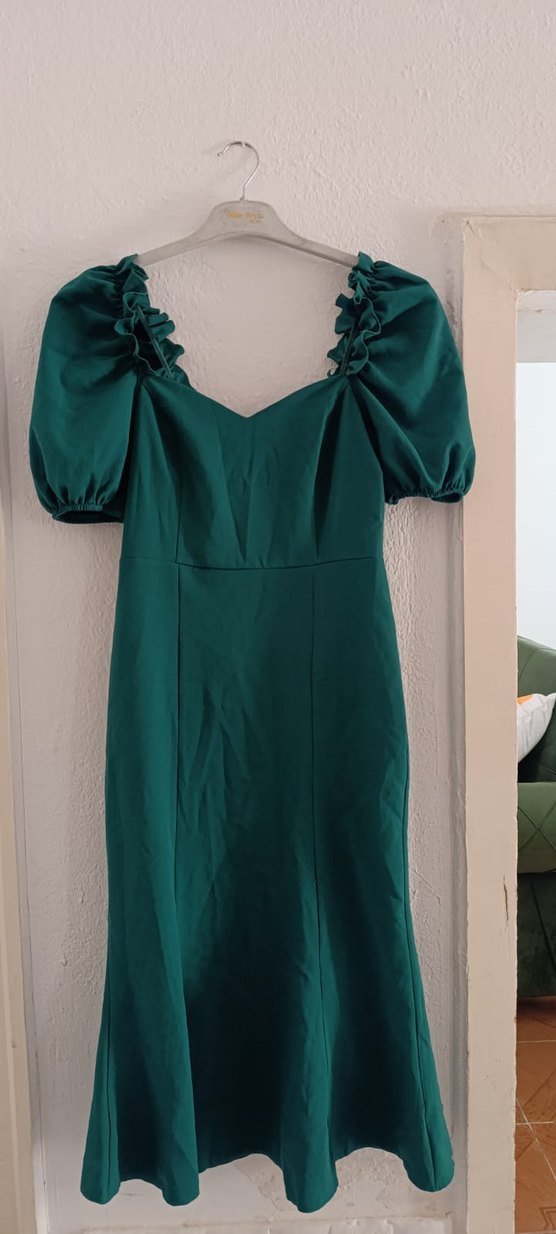 Yeşil V Yaka Drapeli Uzun Elbise - Görsel 4