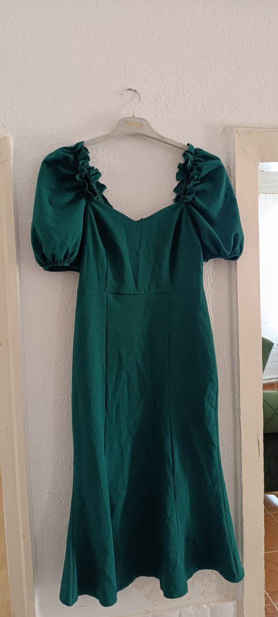 Yeşil V Yaka Drapeli Uzun Elbise - Görsel 3