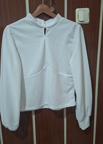 Düğmeli Beyaz Kadın Bluz, Uzun Kollu, Salaş Kesim - Görsel 2