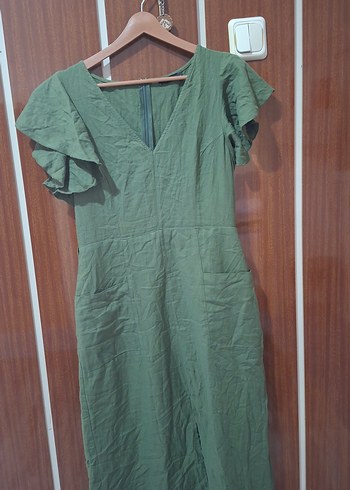 Yeşil V Yakalı Uzun Keten Elbise - Görsel 2