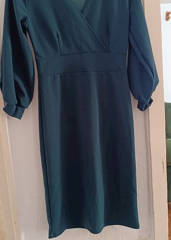 V Yaka Uzun Kollu zümrüt yeşili Uzun Elbise - Görsel 5