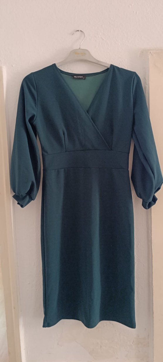 V Yaka Uzun Kollu zümrüt yeşili Uzun Elbise - Görsel 2