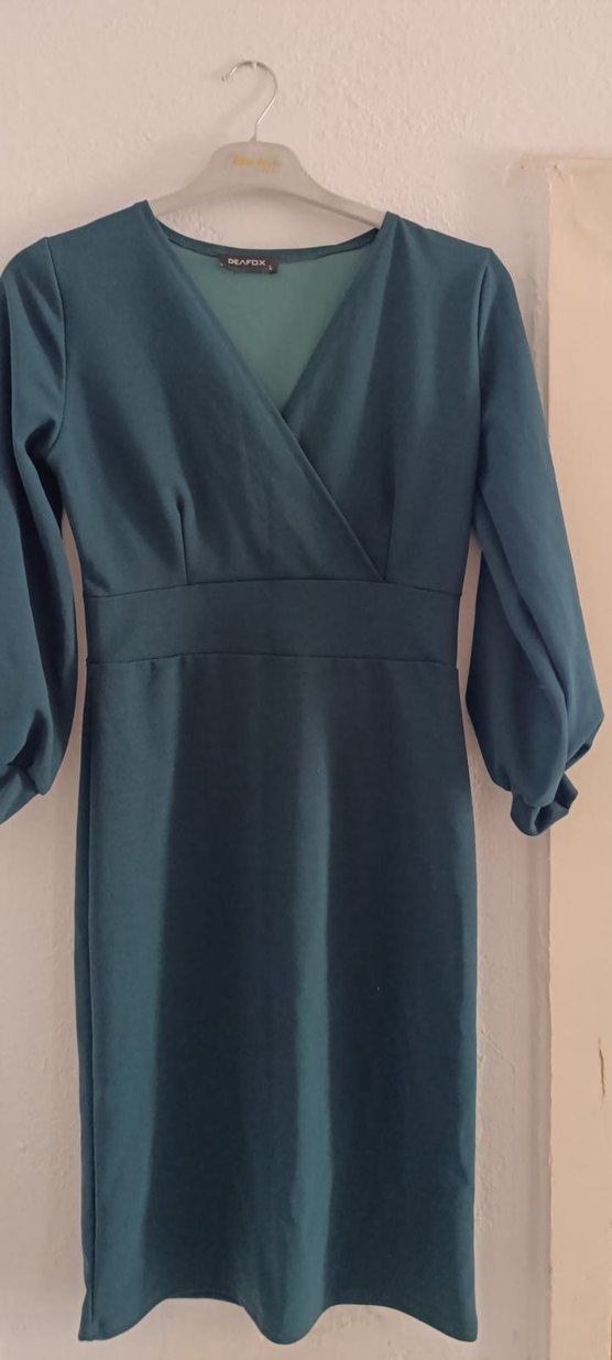 V Yaka Uzun Kollu zümrüt yeşili Uzun Elbise - Görsel 3