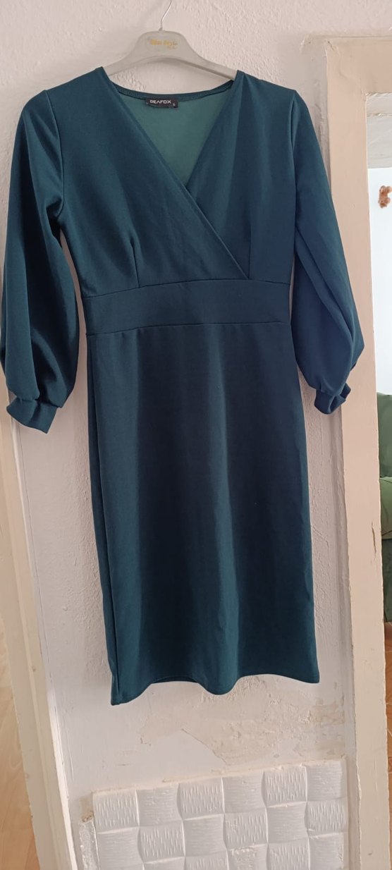 V Yaka Uzun Kollu zümrüt yeşili Uzun Elbise - Görsel 5