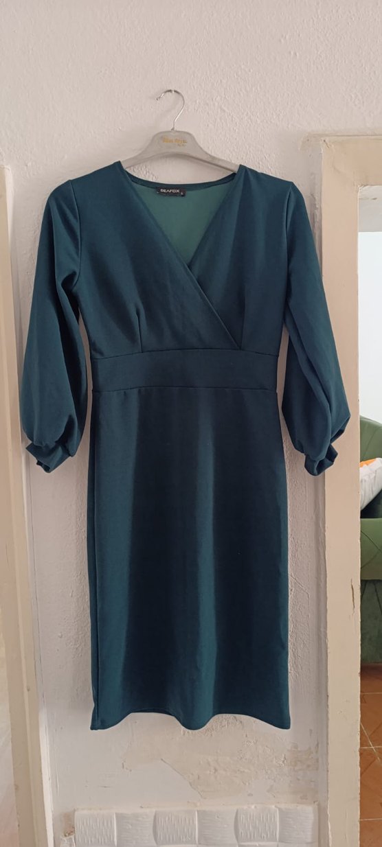 V Yaka Uzun Kollu zümrüt yeşili Uzun Elbise - Görsel 4