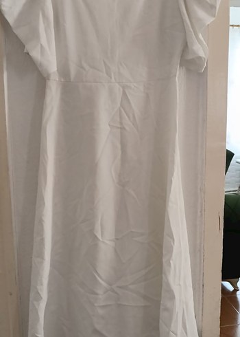Beyaz Kısa Kollu Midi Keten Elbise - Görsel 4
