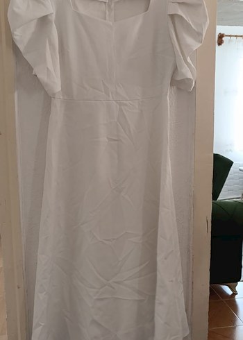 Beyaz Kısa Kollu Midi Keten Elbise - Görsel 5