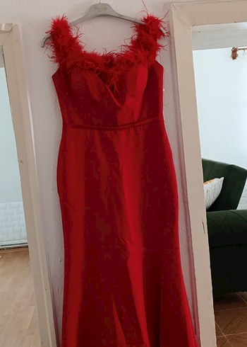 Kırmızı Drapeli V Yaka Uzun Abiye Elbise - Görsel 2