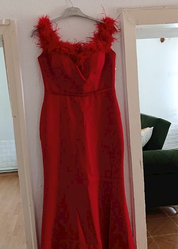 Kırmızı Drapeli V Yaka Uzun Abiye Elbise - Görsel 3