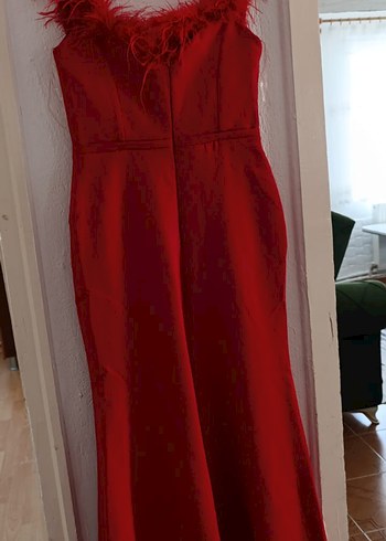 Kırmızı Drapeli V Yaka Uzun Abiye Elbise - Görsel 5