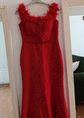 Kırmızı Drapeli V Yaka Uzun Abiye Elbise - Görsel 6