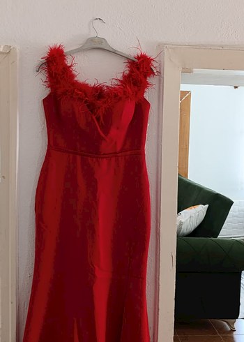 Kırmızı Drapeli V Yaka Uzun Abiye Elbise - Görsel 7