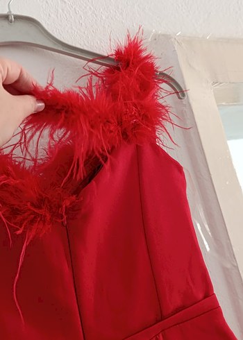 Kırmızı Drapeli V Yaka Uzun Abiye Elbise - Görsel 9