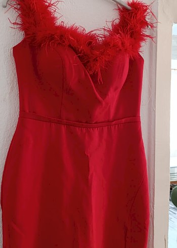 Kırmızı Drapeli V Yaka Uzun Abiye Elbise - Görsel 10