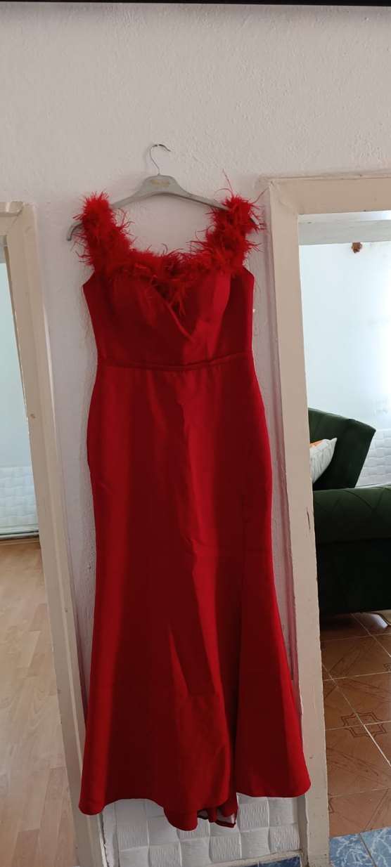 Kırmızı Drapeli V Yaka Uzun Abiye Elbise - Görsel 3