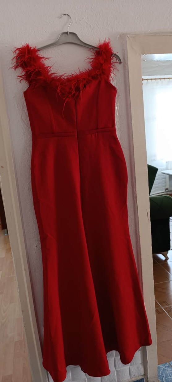 Kırmızı Drapeli V Yaka Uzun Abiye Elbise - Görsel 5