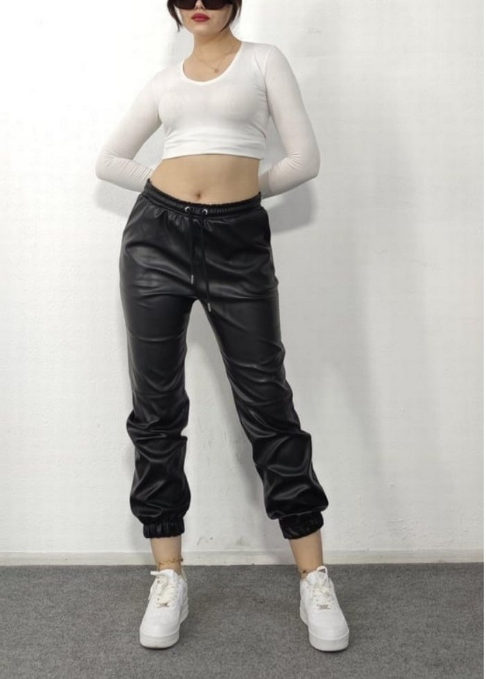 Kadın Siyah Deri Midi pant - Görsel 4