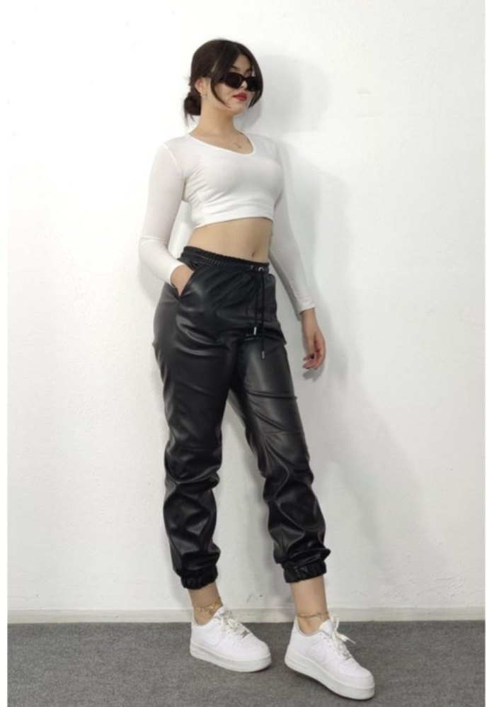 Kadın Siyah Deri Midi pant - Görsel 2