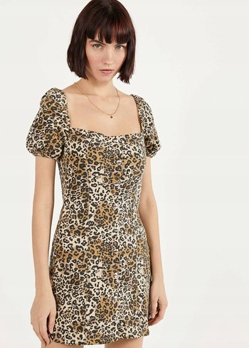 Bershka S Beden Leopar Desenli Mini Kot Elbise