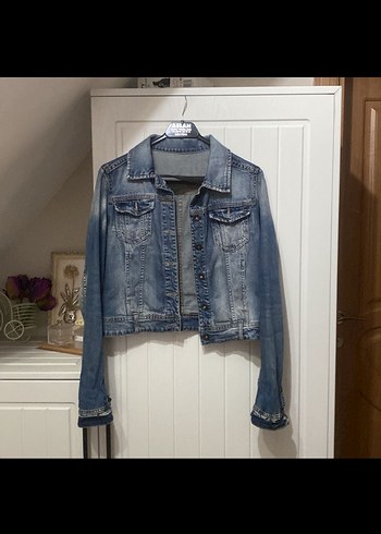 Kadın Mavi Bağlama Desenli Denim Ceket - Görsel 5