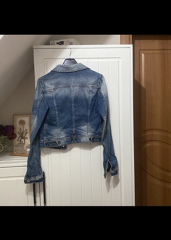 Kadın Mavi Bağlama Desenli Denim Ceket - Görsel 4