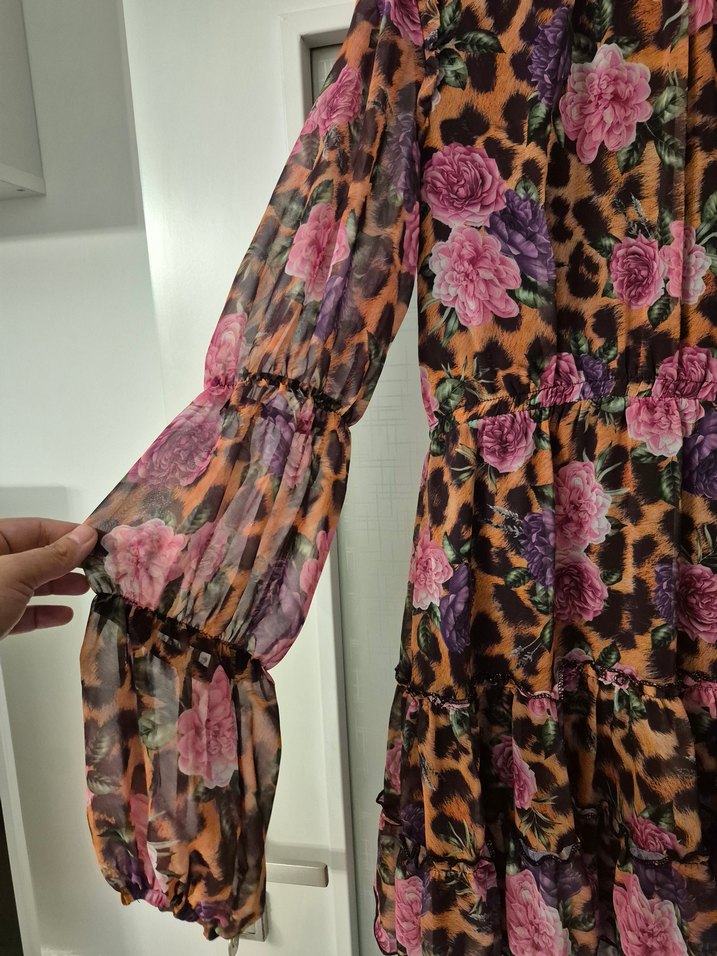 Uzun Kollu Fırfırlı Mini Bohem Elbise - Görsel 3