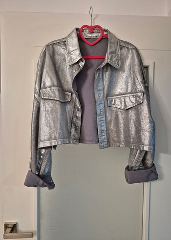 Parlak Gri Kadın Denim Ceket, Düğmeli, Salaş - Görsel 6