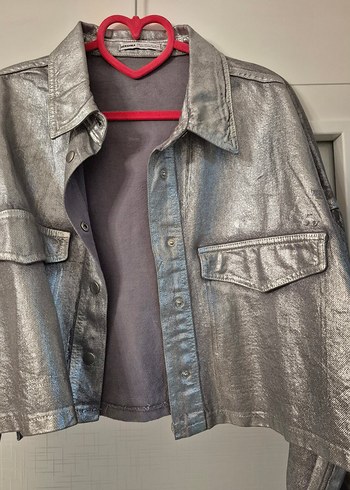 Parlak Gri Kadın Denim Ceket, Düğmeli, Salaş - Görsel 4