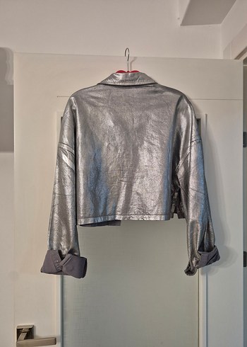 Parlak Gri Kadın Denim Ceket, Düğmeli, Salaş - Görsel 3