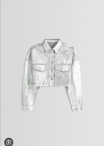 Parlak Gri Kadın Denim Ceket, Düğmeli, Salaş - Görsel 2