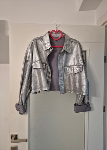 Parlak Gri Kadın Denim Ceket, Düğmeli, Salaş - Görsel 5