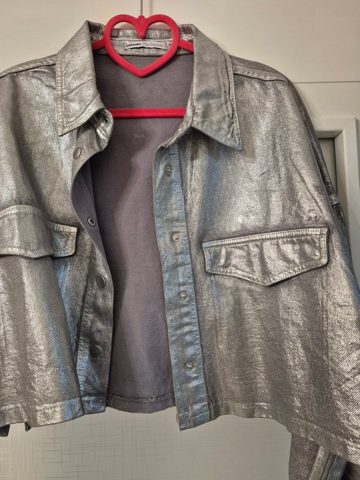 Parlak Gri Kadın Denim Ceket, Düğmeli, Salaş - Görsel 4