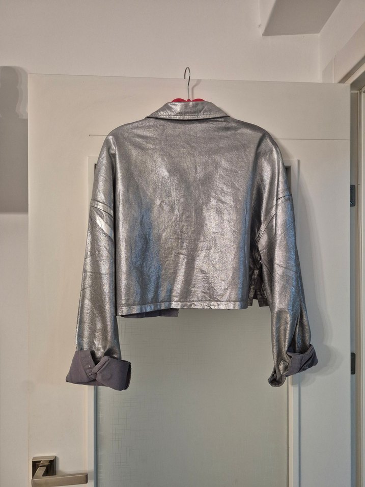 Parlak Gri Kadın Denim Ceket, Düğmeli, Salaş - Görsel 3